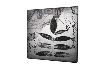 Canvastavla 45x45 cm - Svart silhuett av blad mot en grå bakgrund med handskriven text och poststämplar - Svart / Grå - Inredning - Tavlor & posters - Canvastavla