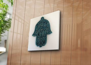 Canvastavla 45x45 cm - Symbolisk hand med öga och intrikata mönster - Turkos / Vit - Inredning - Tavlor & posters - Canvastavla