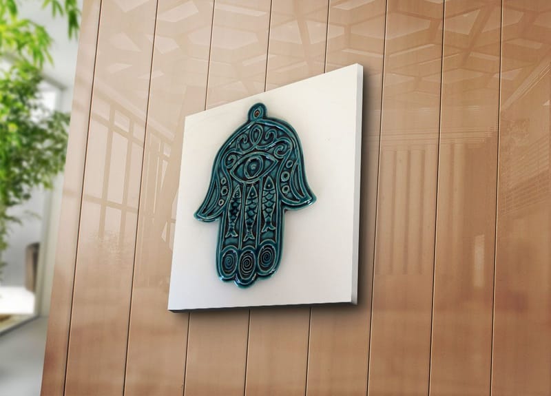 Canvastavla 45x45 cm - Symbolisk hand med öga och intrikata mönster - Turkos / Vit - Inredning - Tavlor & posters - Canvastavla