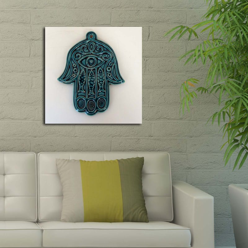 Canvastavla 45x45 cm - Symbolisk hand med öga och intrikata mönster - Turkos / Vit - Inredning - Tavlor & posters - Canvastavla