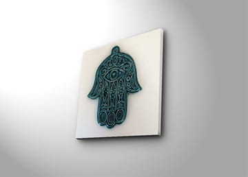 Canvastavla 45x45 cm - Symbolisk hand med öga och intrikata mönster - Turkos / Vit - Inredning - Tavlor & posters - Canvastavla