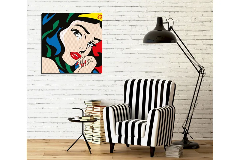 Canvastavla 45x45 cm - Tårfylld kvinna med starka färger och dramatisk uttryck - Röd / Blå / Grön - Inredning - Tavlor & posters - Canvastavla