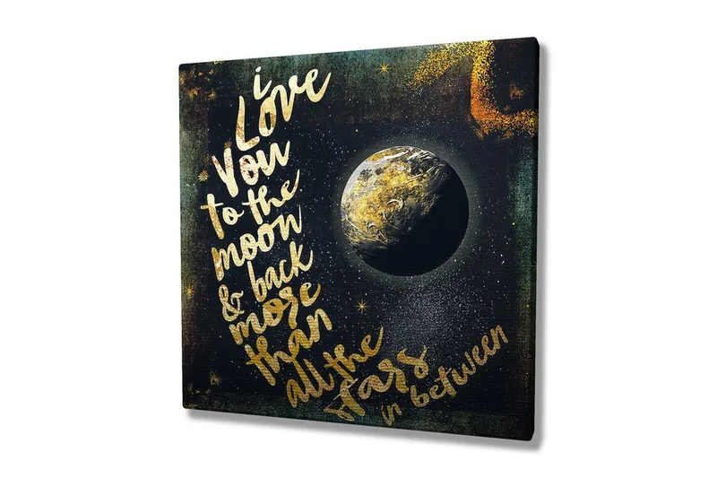 Canvastavla 45x45 cm - Text med kärleksbudskap och en jordglob i rymden - Guld / Svart / Blå - Inredning - Tavlor & posters - Canvastavla