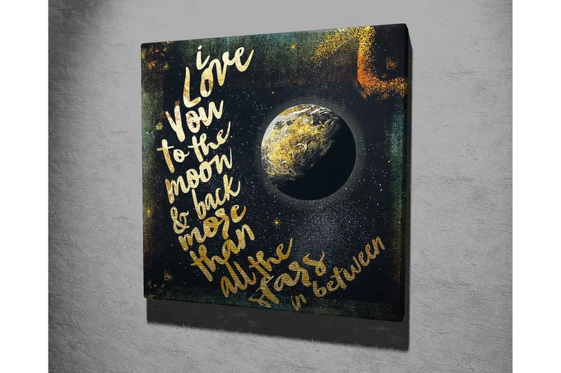 Canvastavla 45x45 cm - Text med kärleksbudskap och en jordglob i rymden - Guld / Svart / Blå - Inredning - Tavlor & posters - Canvastavla