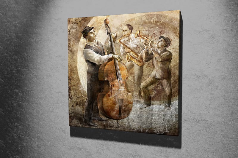 Canvastavla 45x45 cm - Tre musiker som spelar jazz med kontrabas, saxofon och trumpet - Brun / Beige / Grå - Inredning - Tavlor & posters - Canvastavla
