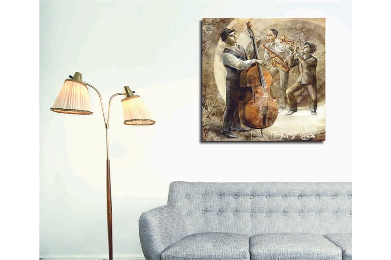 Canvastavla 45x45 cm - Tre musiker som spelar jazz med kontrabas, saxofon och trumpet - Brun / Beige / Grå - Inredning - Tavlor & posters - Canvastavla