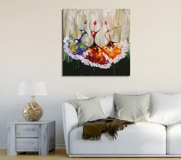 Canvastavla 45x45 cm - Tre stiliserade dansare i färgglada klänningar - Röd / Blå / Orange - Inredning - Tavlor & posters - Canvastavla