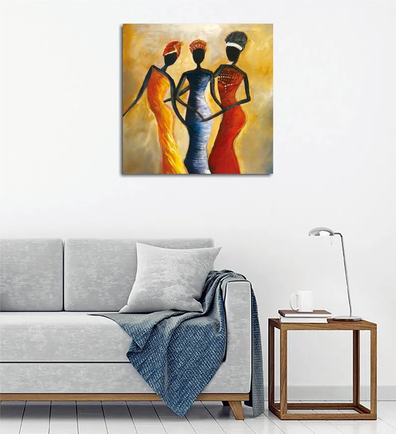 Canvastavla 45x45 cm - Tre stiliserade kvinnor i färgglada klänningar, Röd / Gul / Svart