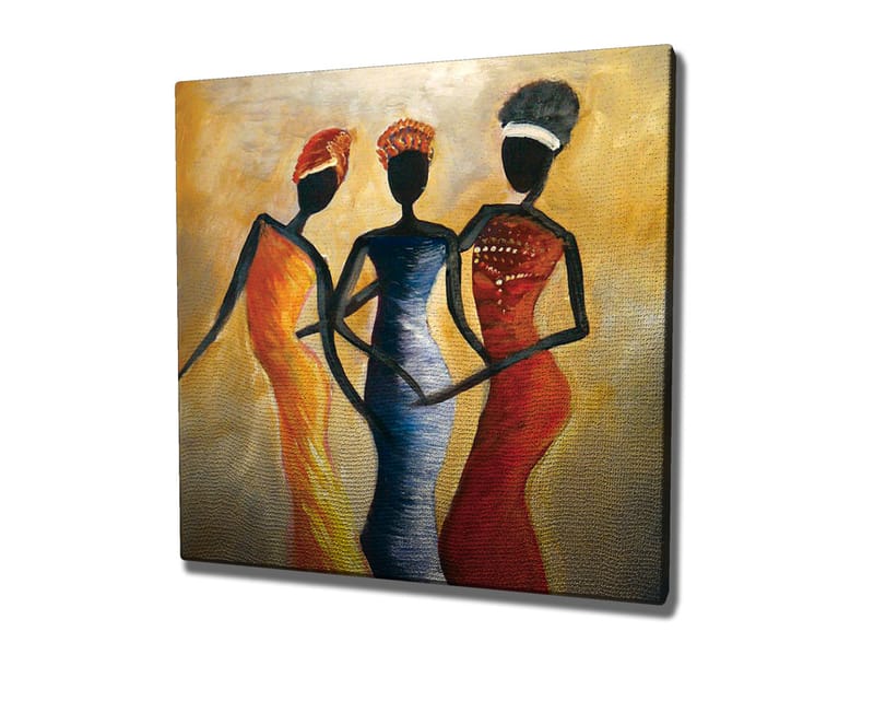 Canvastavla 45x45 cm - Tre stiliserade kvinnor i färgglada klänningar - Röd / Gul / Svart - Inredning - Tavlor & posters - Canvastavla