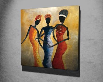 Canvastavla 45x45 cm - Tre stiliserade kvinnor i färgglada klänningar - Röd / Gul / Svart - Inredning - Tavlor & posters - Canvastavla