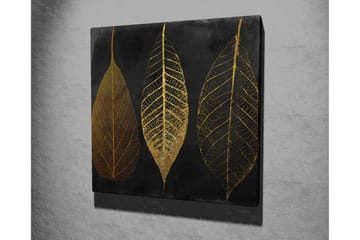 Canvastavla 45x45 cm - Tre stiliserade löv i guld mot en svart bakgrund - Guld / Svart - Inredning - Tavlor & posters - Canvastavla