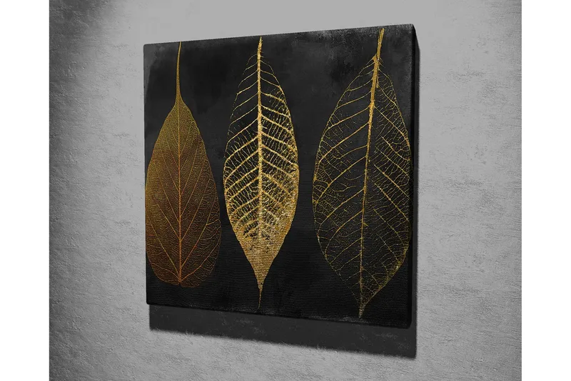 Canvastavla 45x45 cm - Tre stiliserade löv i guld mot en svart bakgrund - Guld / Svart - Inredning - Tavlor & posters - Canvastavla