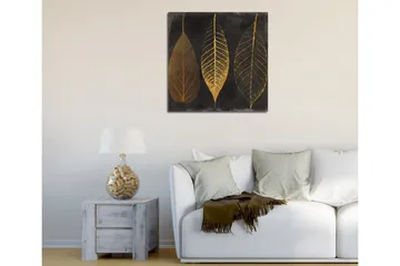 Canvastavla 45x45 cm - Tre stiliserade löv i guld mot en svart bakgrund - Guld / Svart - Inredning - Tavlor & posters - Canvastavla