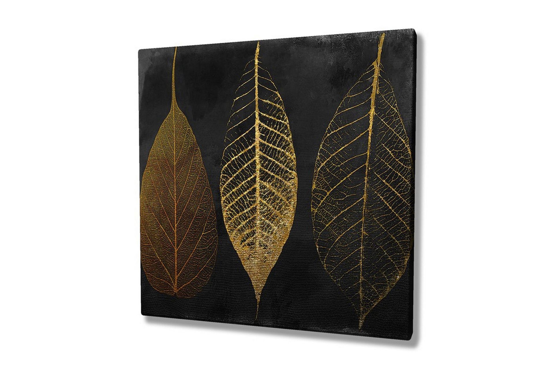 Canvastavla 45x45 cm - Tre stiliserade löv i guld mot en svart bakgrund - Guld / Svart