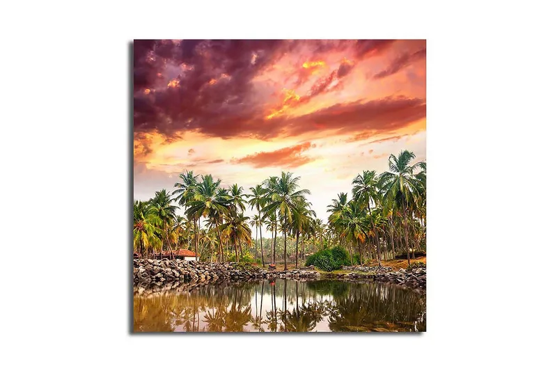 Canvastavla 45x45 cm - Tropisk landskap med palmer vid en spegelblanka sjö i solnedgångens ljus - Grön / Orange / Lila - Inredning - Tavlor & posters - Canvastavla
