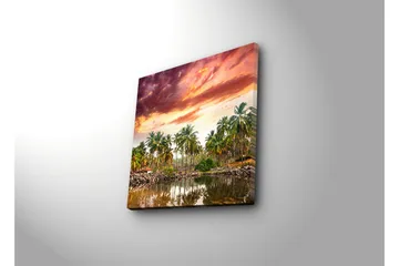 Canvastavla 45x45 cm - Tropisk landskap med palmer vid en spegelblanka sjö i solnedgångens ljus - Grön / Orange / Lila - Inredning - Tavlor & posters - Canvastavla
