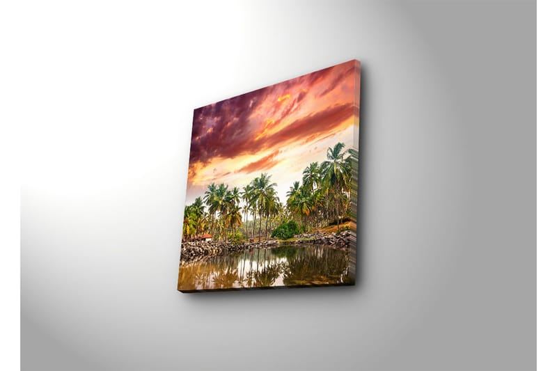 Canvastavla 45x45 cm - Tropisk landskap med palmer vid en spegelblanka sjö i solnedgångens ljus - Grön / Orange / Lila - Inredning - Tavlor & posters - Canvastavla