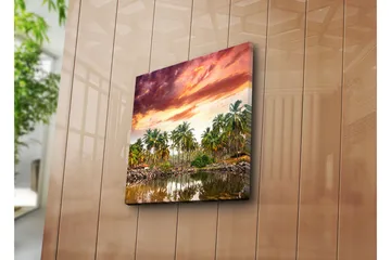 Canvastavla 45x45 cm - Tropisk landskap med palmer vid en spegelblanka sjö i solnedgångens ljus - Grön / Orange / Lila - Inredning - Tavlor & posters - Canvastavla