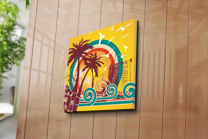 Canvastavla 45x45 cm - Tropisk strandscen med palmer och havsvågor - Mörkröd / Turkos / Gul - Inredning - Tavlor & posters - Canvastavla