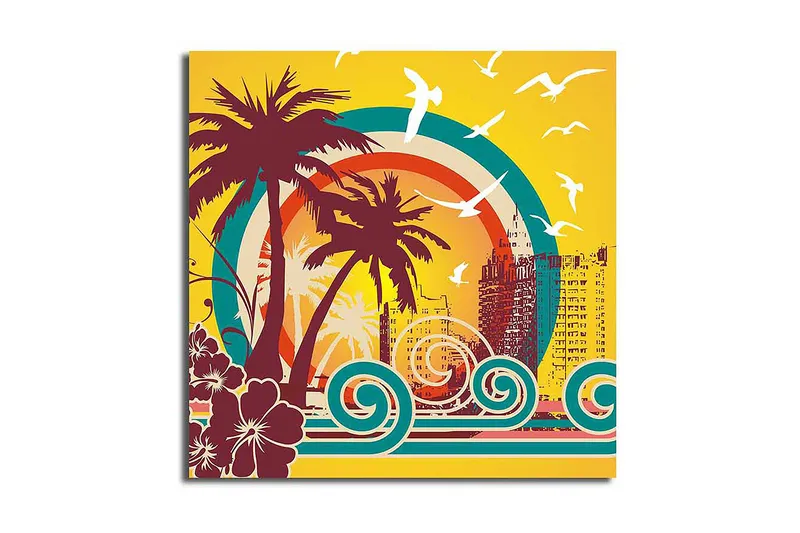 Canvastavla 45x45 cm - Tropisk strandscen med palmer och havsvågor, Mörkröd / Turkos / Gul