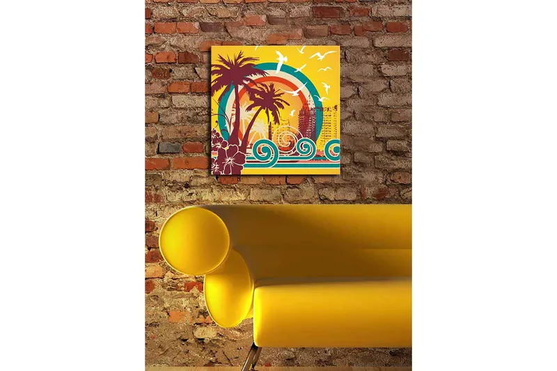 Canvastavla 45x45 cm - Tropisk strandscen med palmer och havsvågor - Mörkröd / Turkos / Gul - Inredning - Tavlor & posters - Canvastavla