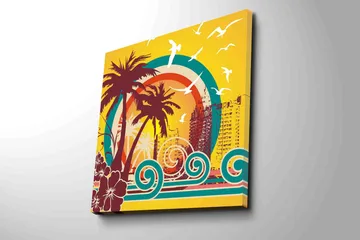 Canvastavla 45x45 cm - Tropisk strandscen med palmer och havsvågor - Mörkröd / Turkos / Gul - Inredning - Tavlor & posters - Canvastavla