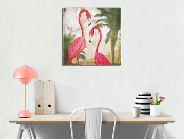Canvastavla 45x45 cm - Två eleganta flamingos omgivna av palmer - Rosa / Grön / Beige - Inredning - Tavlor & posters - Canvastavla