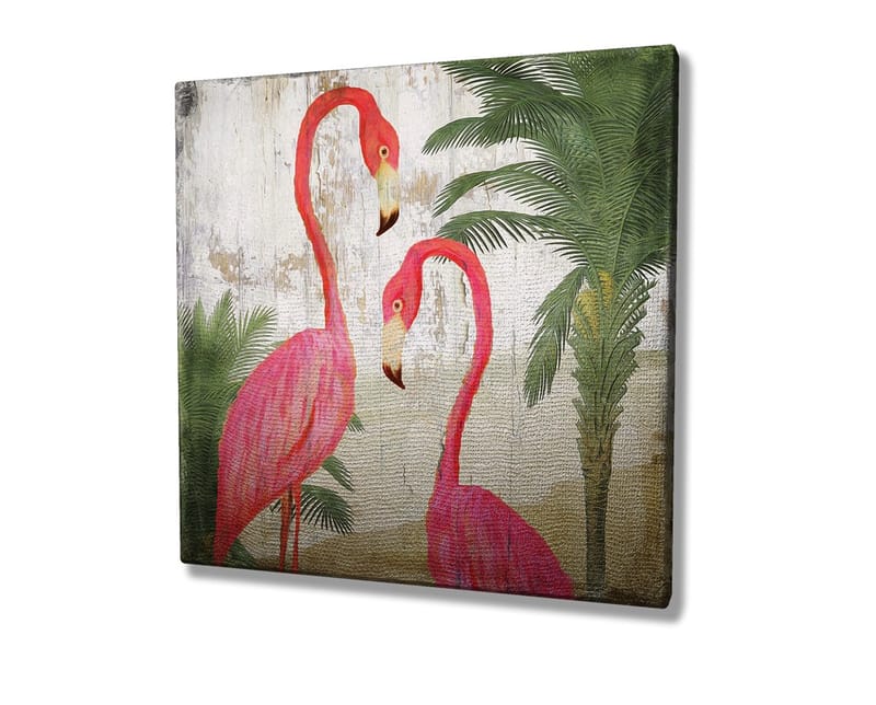 Canvastavla 45x45 cm - Två eleganta flamingos omgivna av palmer - Rosa / Grön / Beige - Inredning - Tavlor & posters - Canvastavla