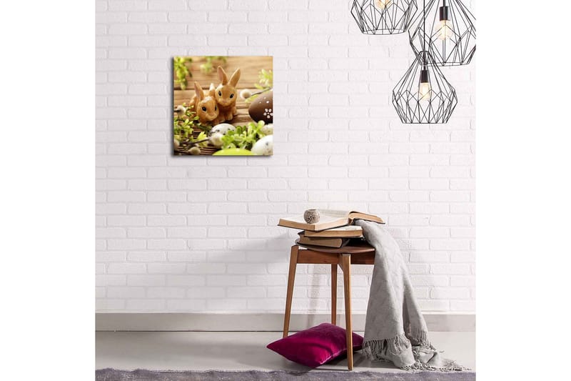 Canvastavla 45x45 cm - Två söta kaniner i en vårig miljö - Brun / Grön / Beige - Inredning - Tavlor & posters - Canvastavla