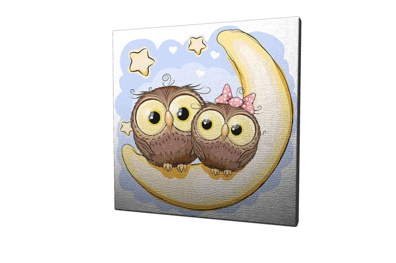 Canvastavla 45x45 cm - Två söta ugglor som sitter på en halvmåne med stjärnor i bakgrunden - Brun / Gul / Ljusblå - Inredning - Tavlor & posters - Canvastavla
