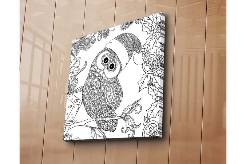 Canvastavla 45x45 cm - Uggla med tomteluva omgiven av juliga detaljer - Svart / Vitt - Inredning - Tavlor & posters - Canvastavla