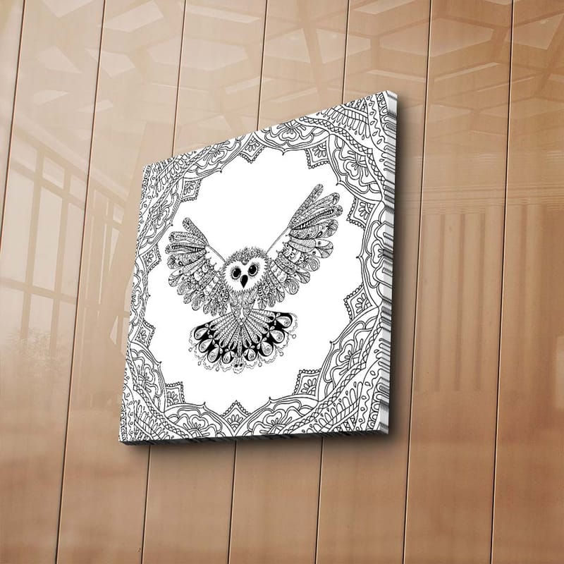 Canvastavla 45x45 cm - Uggla med utsträckta vingar i detaljrik ram - Svart / Vitt - Inredning - Tavlor & posters - Canvastavla