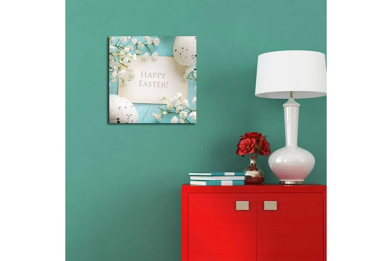 Canvastavla 45x45 cm - Vårig påskdekoration med blommor och ägg - Ljusblå / Vit / Grå - Inredning - Tavlor & posters - Canvastavla