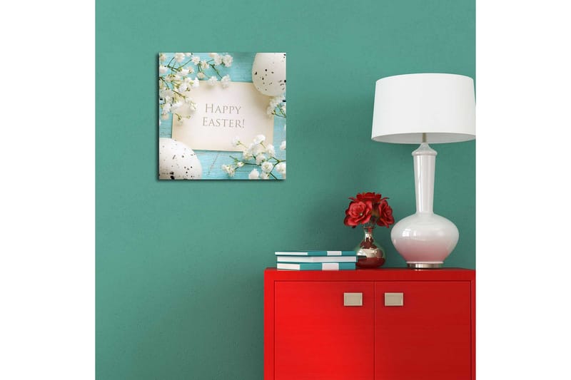 Canvastavla 45x45 cm - Vårig påskdekoration med blommor och ägg - Ljusblå / Vit / Grå - Inredning - Tavlor & posters - Canvastavla