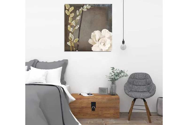 Canvastavla 45x45 cm - Vacker komposition av blommor och kvistar - Vit / Grå / Beige - Inredning - Tavlor & posters - Canvastavla