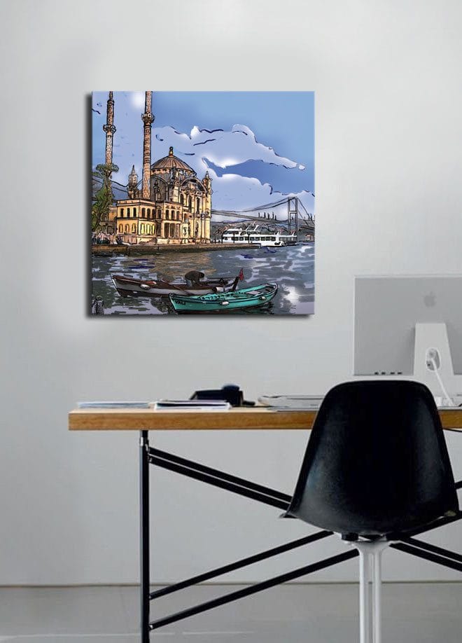 Canvastavla 45x45 cm - Vacker vy av en historisk moské vid vattnet med båtar i förgrunden - Blå / Beige / Grön - Inredning - Tavlor & posters - Canvastavla