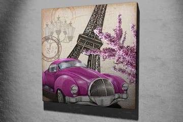 Canvastavla 45x45 cm - Vintage bil i starkt lila med Eiffeltornet och blommor i bakgrunden - Lila / Rosa / Grå - Inredning - Tavlor & posters - Canvastavla