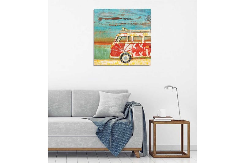 Canvastavla 45x45 cm - Vintage skåpbil med blommönster i en färgglad miljö - Röd / Turkos / Vit - Inredning - Tavlor & posters - Canvastavla