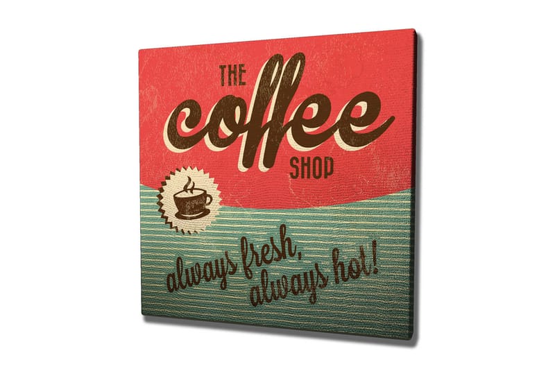 Canvastavla 45x45 cm - Vintage skylt för ett kafé med text och kaffekopp - Röd / Grön / Brun - Inredning - Tavlor & posters - Canvastavla