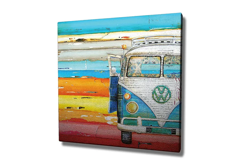 Canvastavla 45x45 cm - Vintage Volkswagen-buss i en färgglad strandmiljö - Blå / Orange / Vit - Inredning - Tavlor & posters - Canvastavla