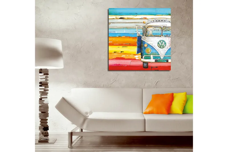 Canvastavla 45x45 cm - Vintage Volkswagen-buss i en färgglad strandmiljö - Blå / Orange / Vit - Inredning - Tavlor & posters - Canvastavla
