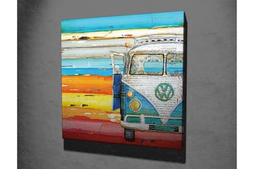 Canvastavla 45x45 cm - Vintage Volkswagen-buss i en färgglad strandmiljö - Blå / Orange / Vit - Inredning - Tavlor & posters - Canvastavla