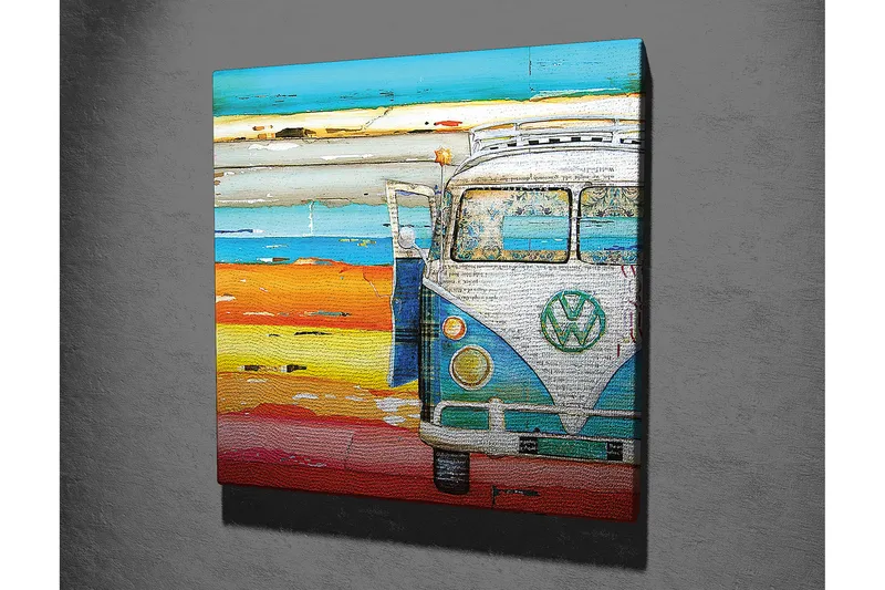 Canvastavla 45x45 cm - Vintage Volkswagen-buss i en färgglad strandmiljö - Blå / Orange / Vit - Inredning - Tavlor & posters - Canvastavla