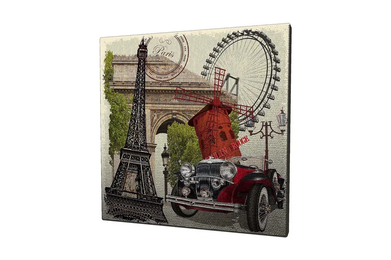 Canvastavla 45x45 cm - Paris-inspirerad komposition med Eiffeltornet, en röd bil och en vindmölla - Röd / Svart / Grön - Inredning - Tavlor & posters - Canvastavla