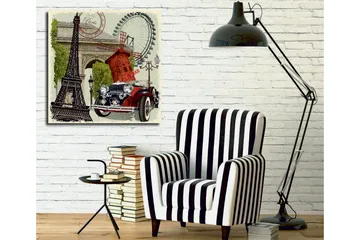 Canvastavla 45x45 cm - Paris-inspirerad komposition med Eiffeltornet, en röd bil och en vindmölla - Röd / Svart / Grön - Inredning - Tavlor & posters - Canvastavla