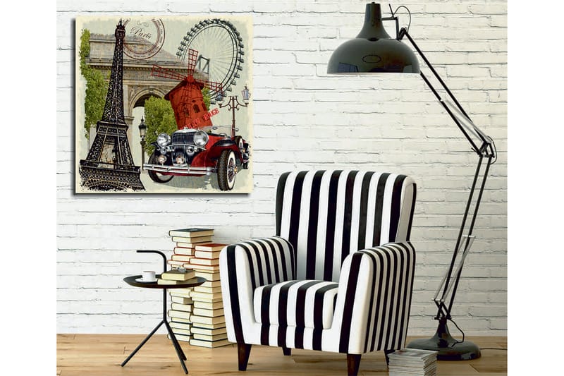 Canvastavla 45x45 cm - Paris-inspirerad komposition med Eiffeltornet, en röd bil och en vindmölla - Röd / Svart / Grön - Inredning - Tavlor & posters - Canvastavla