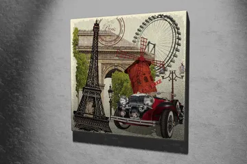 Canvastavla 45x45 cm - Paris-inspirerad komposition med Eiffeltornet, en röd bil och en vindmölla - Röd / Svart / Grön - Inredning - Tavlor & posters - Canvastavla