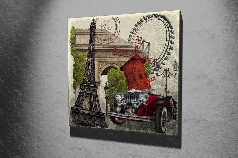 Canvastavla 45x45 cm - Paris-inspirerad komposition med Eiffeltornet, en röd bil och en vindmölla - Röd / Svart / Grön - Inredning - Tavlor & posters - Canvastavla