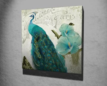 Canvastavla 45x45 cm - Praktfull påfågel med detaljerade fjädrar och blommor i bakgrunden - Turkos / Grön / Vit - Inredning - Tavlor & posters - Canvastavla