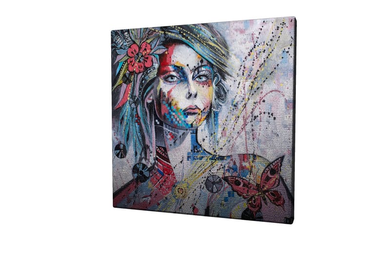 Canvastavla 45x45 cm - Porträtt av en kvinna med färgglada detaljer och fjärilar - Rosa / Blå / Grön - Inredning - Tavlor & posters - Canvastavla